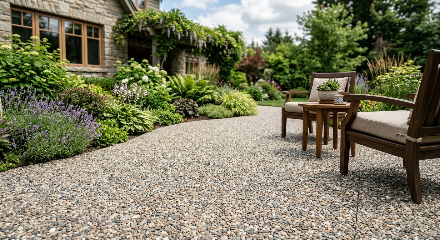 Exposed aggregate outdoor kitchen patio