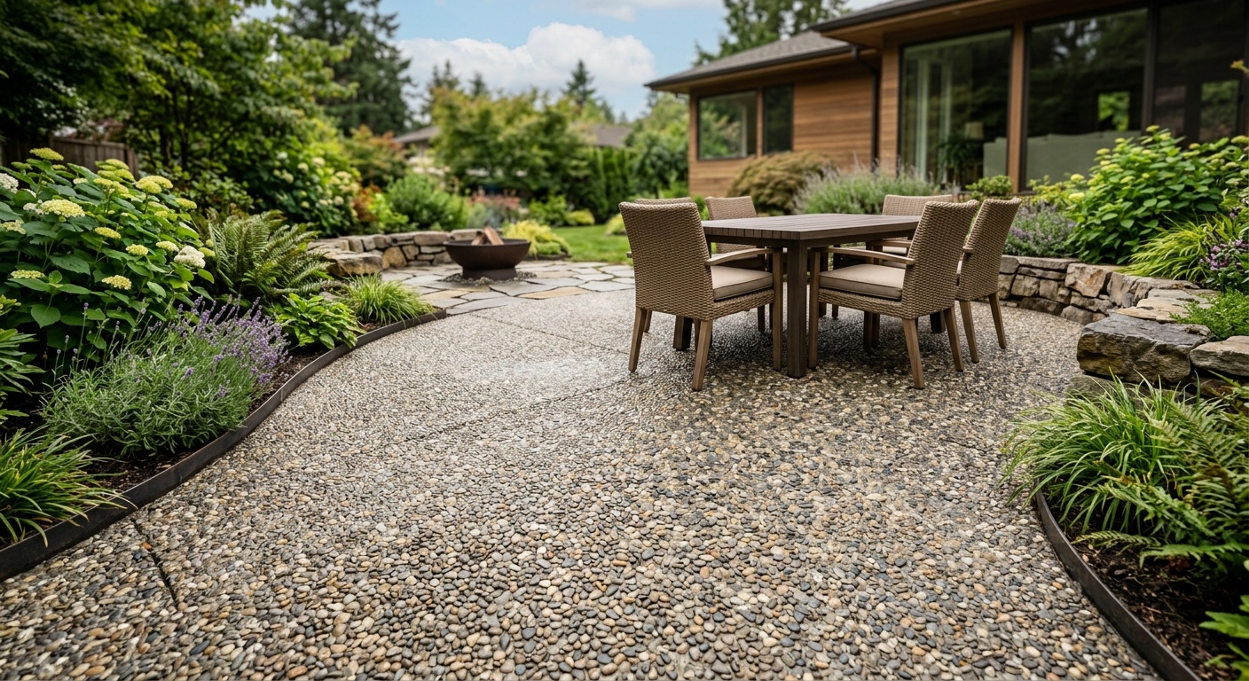Exposed aggregate outdoor kitchen patio