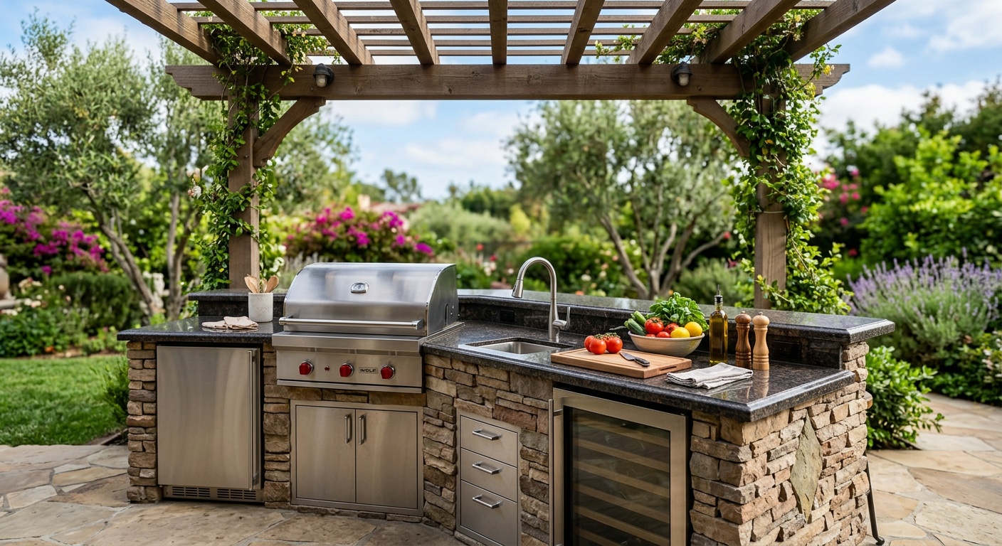 Concrete patio outdoor kitchen