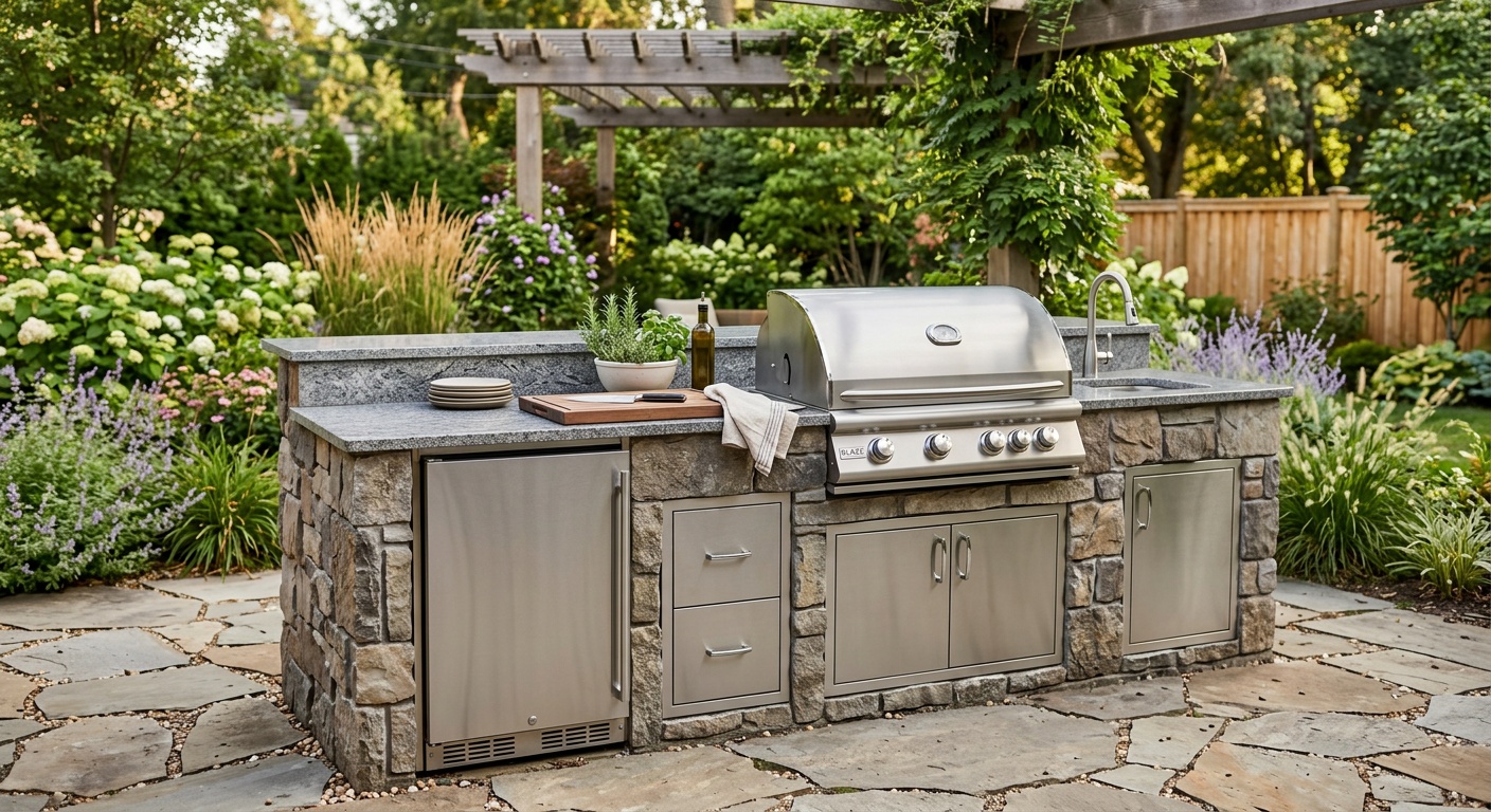 Concrete patio outdoor kitchen